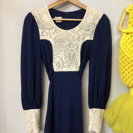 70s Navy prairie maxi dress【01224】