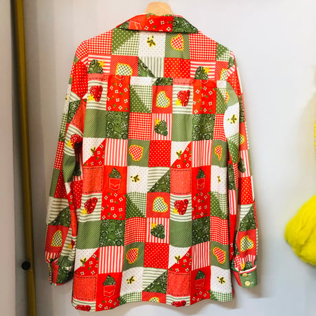 70s Patchwork printed poly blouse 【01090】