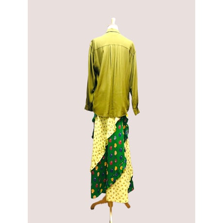 80s Green rayon blouse【00427】
