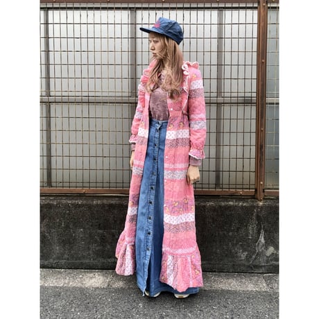 70s SEARS Quilted pink dress / gown【01404】