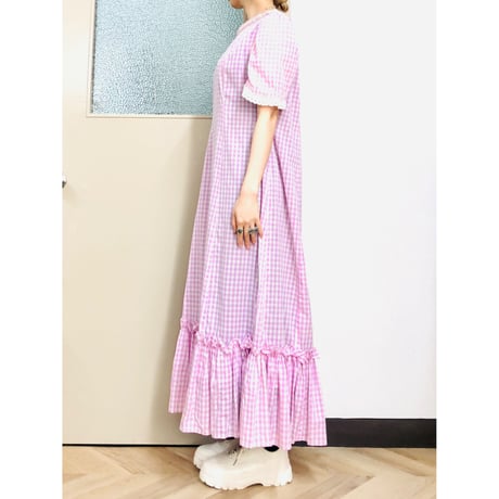 70s Purple gingham maxi dress with bonnet【00926】