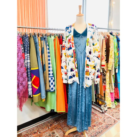 70s Blue velor maxi dress【01056】