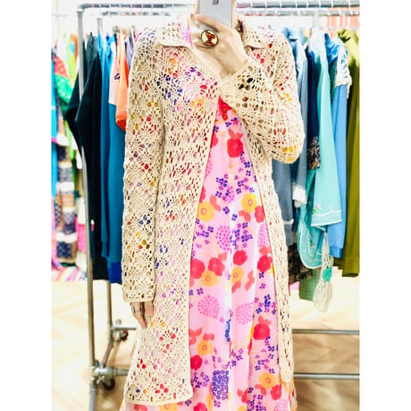 70s Biege crochet cardigan【00757】