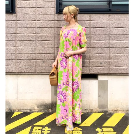 70s Pink floral maxi dress【01496】