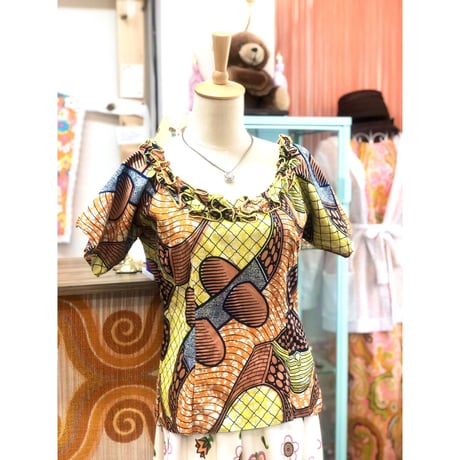 Vintage yellow african batik top【01177】