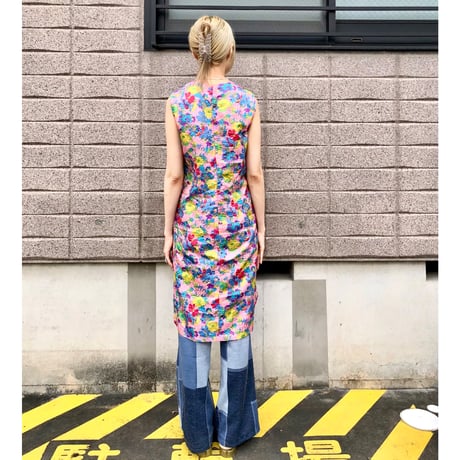 70s Pink floral sleeveless dress【01494】