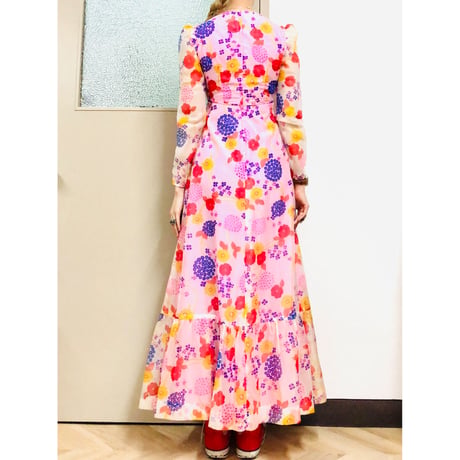70s Hawaiian sheer maxi dress【00830】