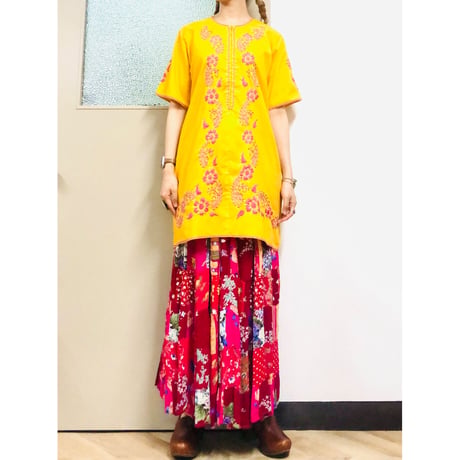Yellow embroidered midi dress【00716】