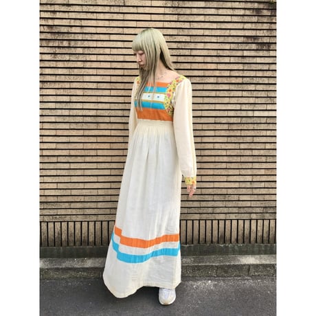60s Long sleeve patchwork maxi dress【01381】