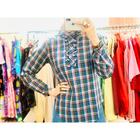 70s Blue plaid brouse【00896】