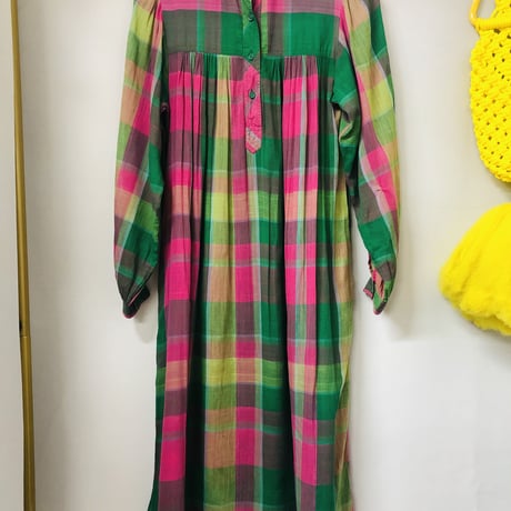 70s Plaid indian cotton dress【00627】