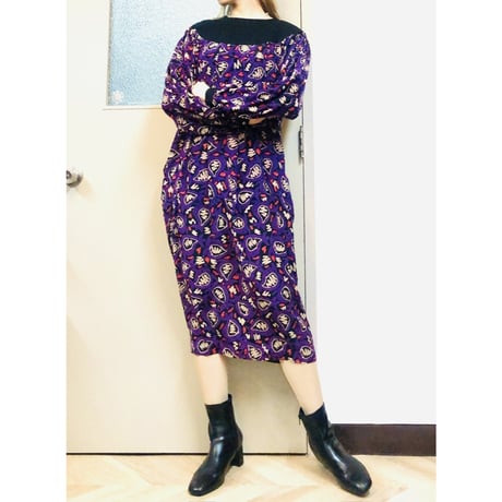 Casi Vintage purple print silk dress【01037】