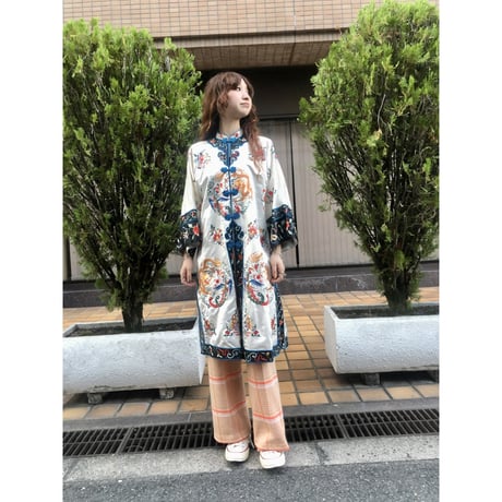 70s Orange plaid poly pants【01234】