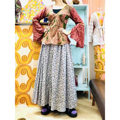 Vintage flare sleeve silk top【01198】