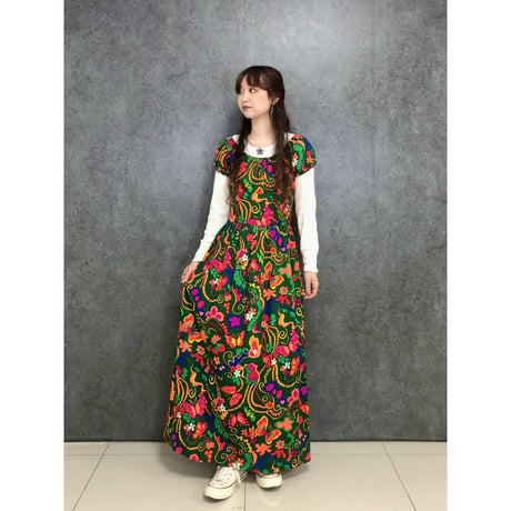70s Butterfly and Flower dress【01448】