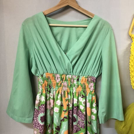 70s Green and floral maxi dress【01229】