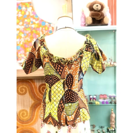 Vintage yellow african batik top【01177】