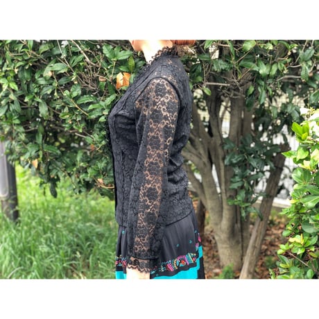 70s Black lace blouse【00158】