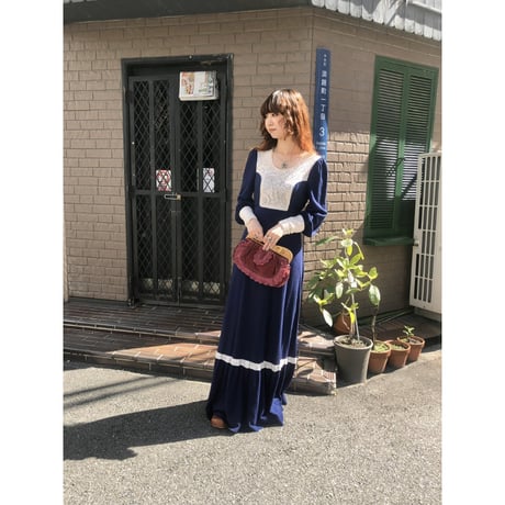 70s Navy prairie maxi dress【01224】