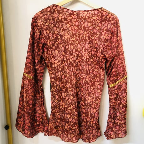 Vintage flare sleeve silk top【01198】