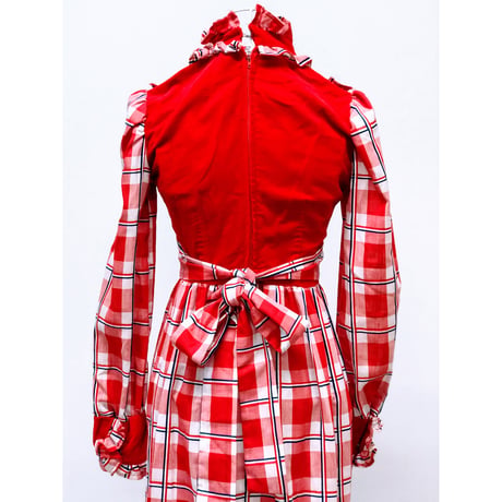 70s Gingham prairie style maxi dress【00467】