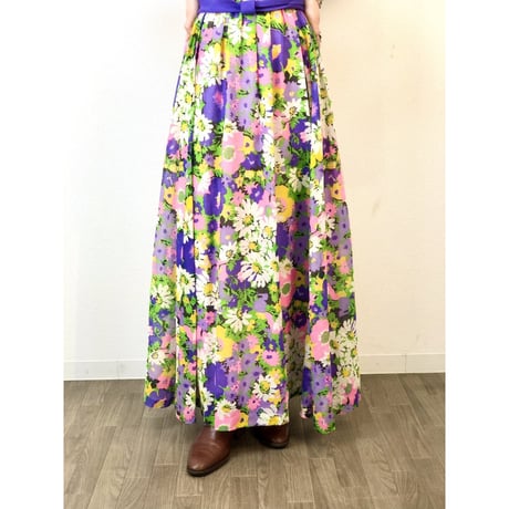 70s Purple floral sleeveless maxi dress【01313】