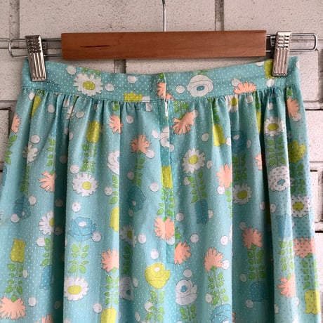 70s Light blue floral maxi skirt【01319】