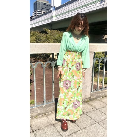 70s Green and floral maxi dress【01229】
