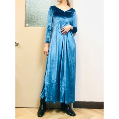 70s Blue velor maxi dress【01056】