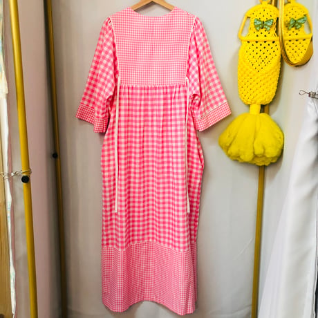 Vintage pink gingham maxi dress【01104】