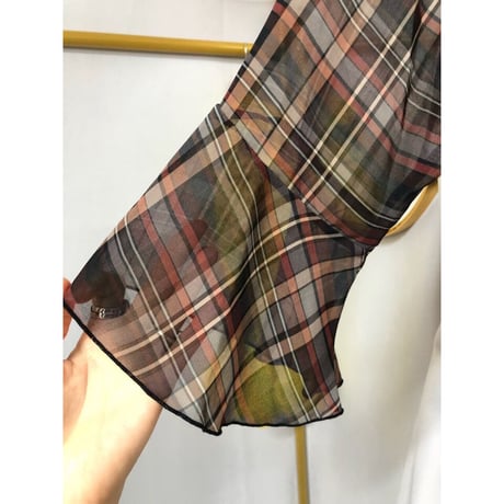 Brown plaid flare sleeve top【00899】