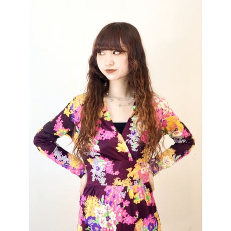 70s Burgundy floral maxi dress【01311】