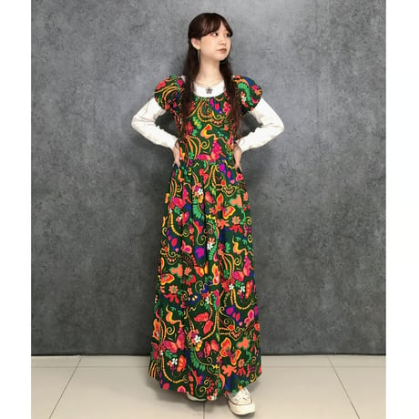 70s Butterfly and Flower dress【01448】
