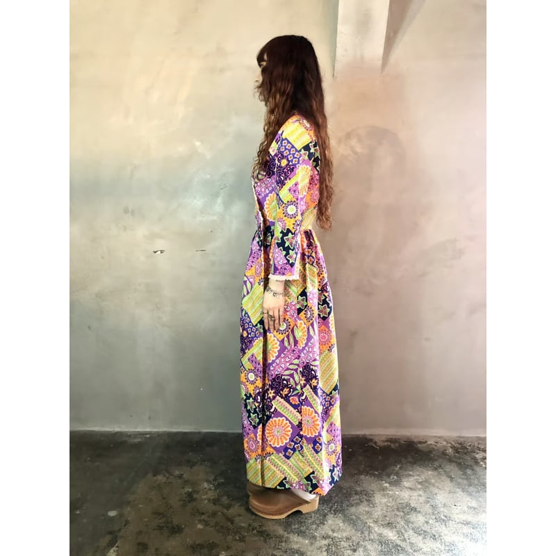 60s Psychedelic floral maxi wrap dress【01246】 |