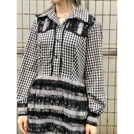70s MISS K Black plaid maxi dress【01389】