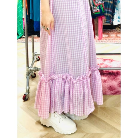 70s Purple gingham maxi dress with bonnet【00926】