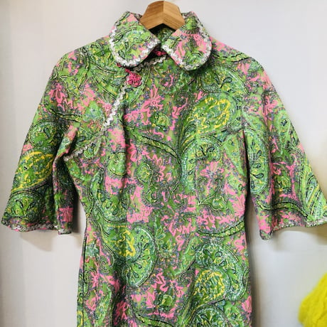 60s Green lace china dress【01214】