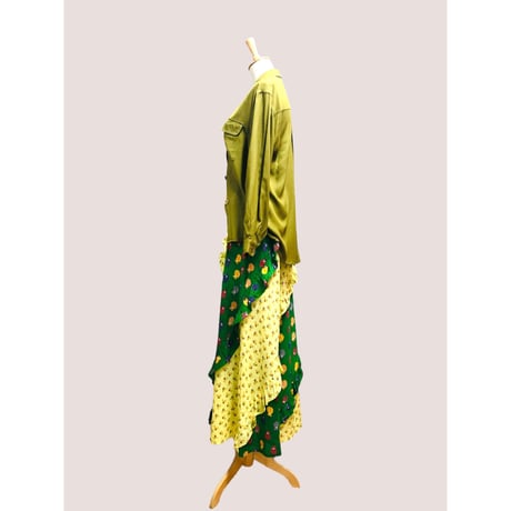 80s Green rayon blouse【00427】