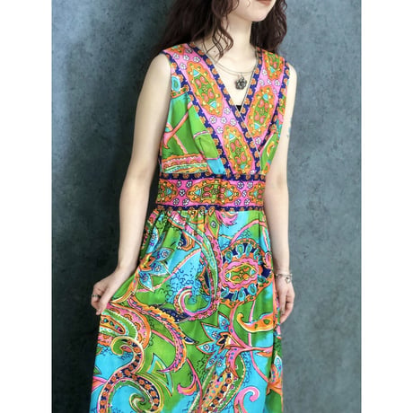 70s Paisley sleeveless maxi dress【01449】