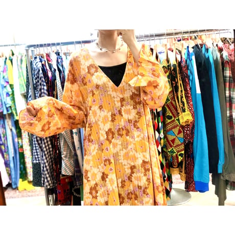 Vintage orange floral maxi dress【01217】