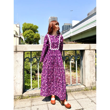 70s Handmade purple hippie maxi dress【01128】