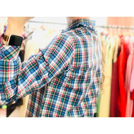 70s Blue plaid brouse【00896】
