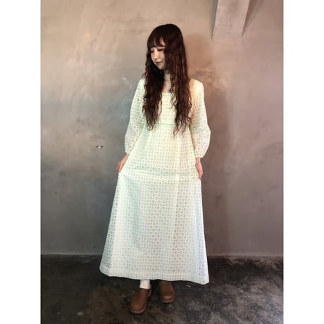 70s Pale green lace maxi dress【01300】