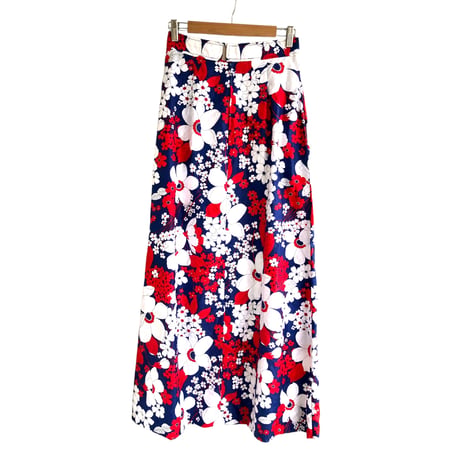 70s Navy floral maxi skirt【01317】