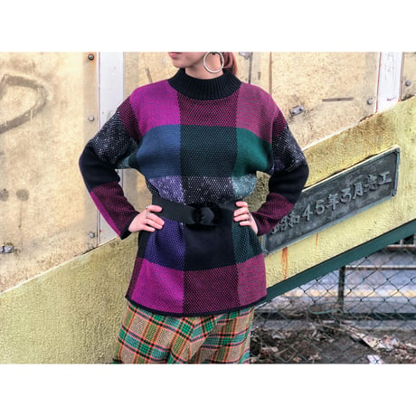 80s Plaid Mock Neck Sweater【00544】