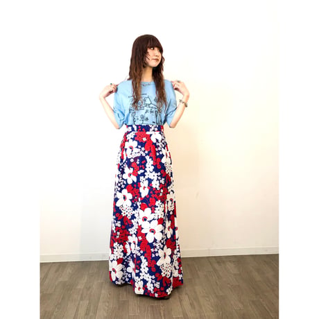 70s Navy floral maxi skirt【01317】