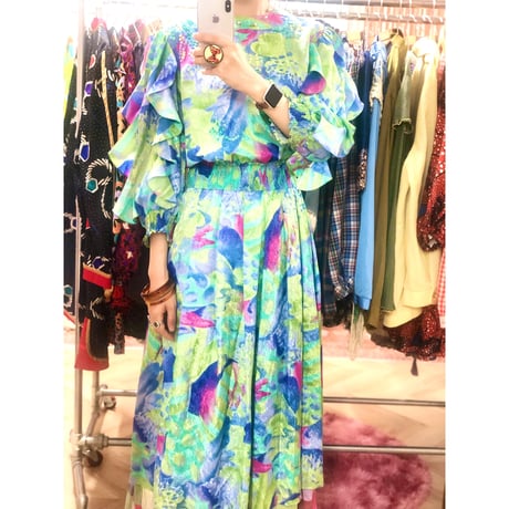 80s MONTAGE NIGHT watercolor ruffle dress【00976】