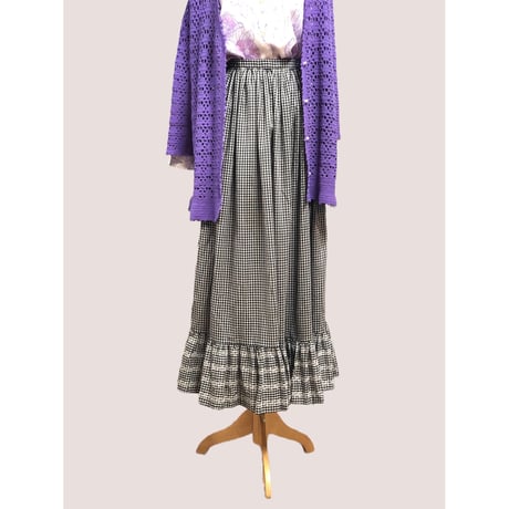 70s Black gingham maxi skirt【00598】