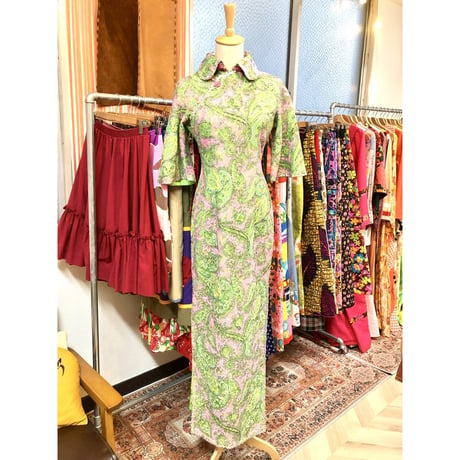 60s Green lace china dress【01214】