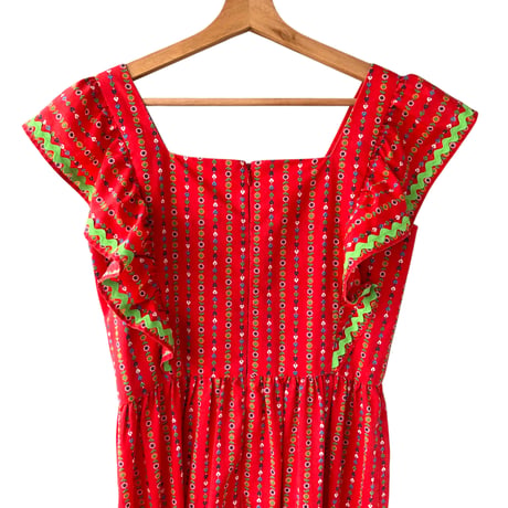 70s Red floral maxi dress【01314】